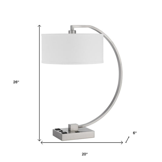 26" Nickel Metal Lantern Desk USB Table Lamp With White Shade