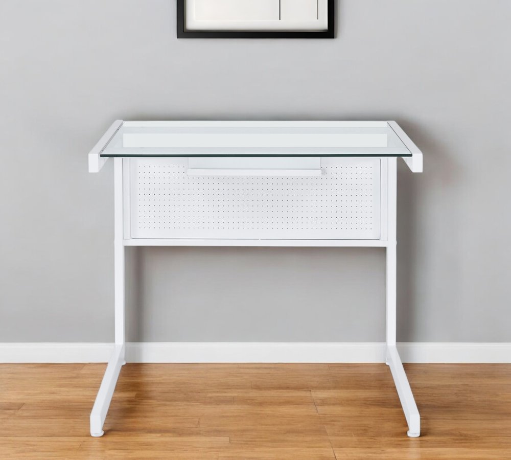 33" Clear and White Glass and Stainless Steel Writing Desk