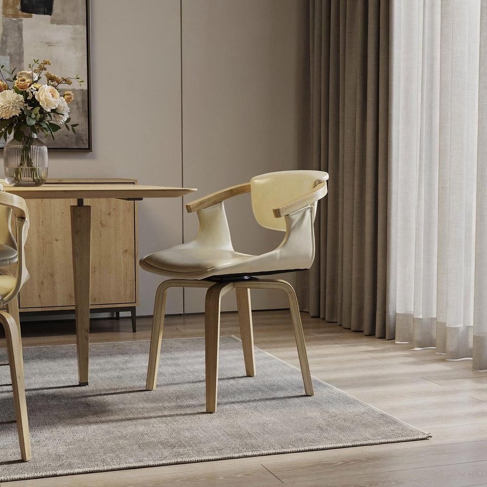 Off White and Natural Upholstered Faux Leather Dining Arm Chair