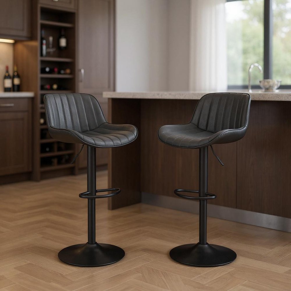 Set of Two 31" Black Faux Leather And Steel Swivel Low Back Adjustable Height Bar Chairs