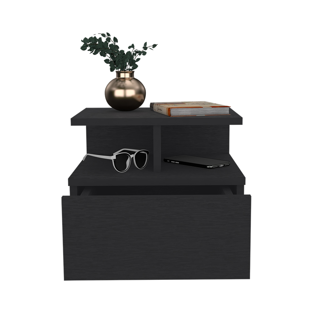 12" Black Wood One Drawer Floating Nightstand