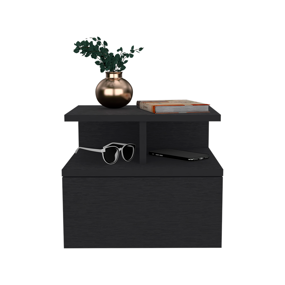12" Black Wood One Drawer Floating Nightstand