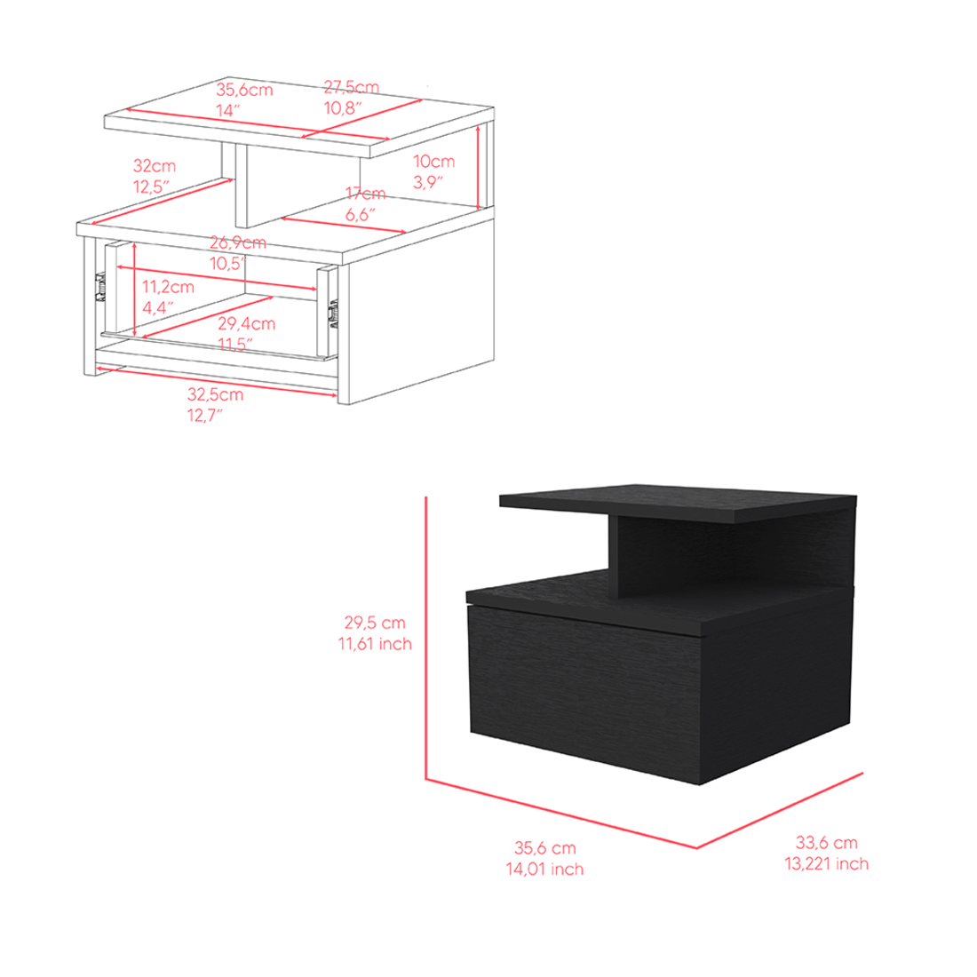 12" Black Wood One Drawer Floating Nightstand