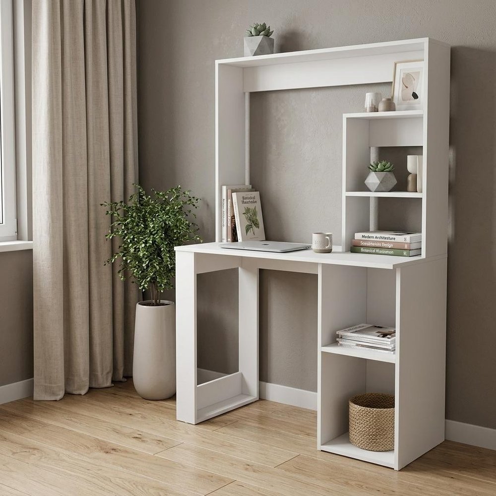 39" White Wood Computer Desk With Hutch