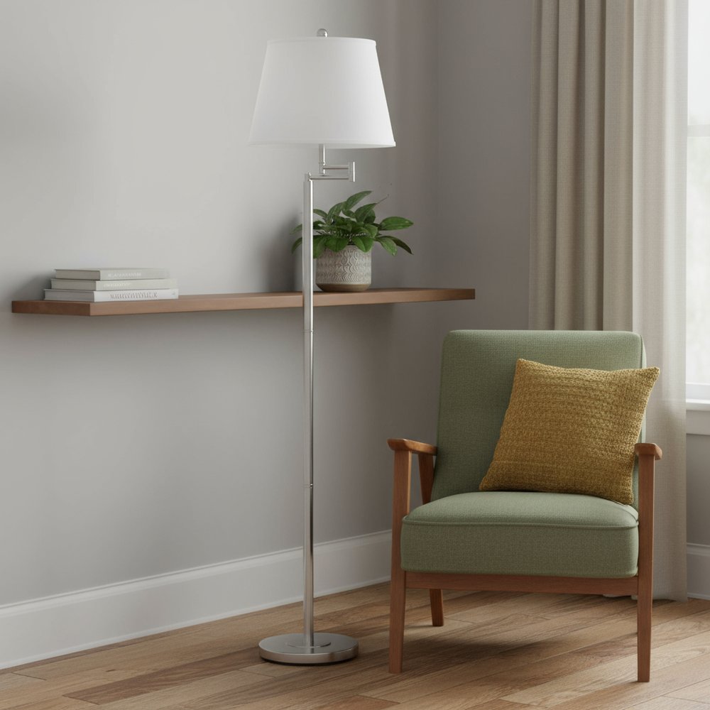 60" Nickel Swing Arm Floor Lamp With White Square Shade