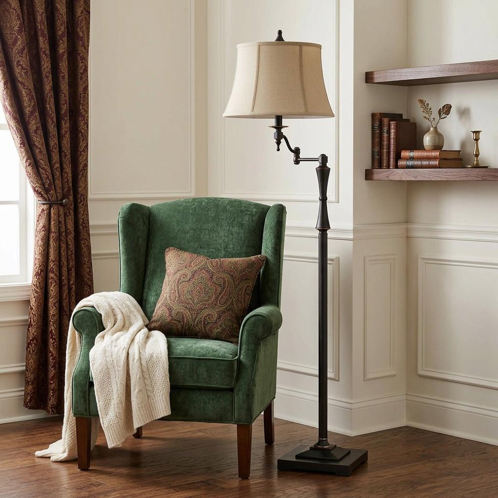 61" Bronze Swing Arm Floor Lamp With Brown Square Shade