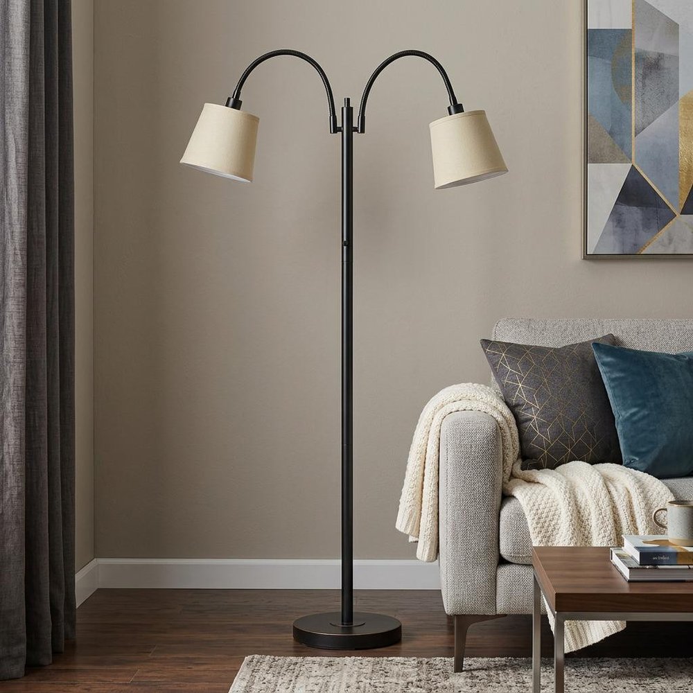65" Bronze Two Light Traditional Shaped Floor Lamp With Tan Square Shade