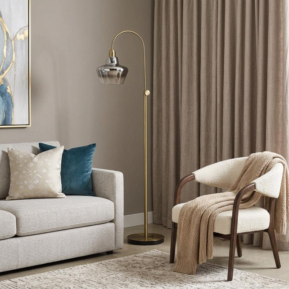 61" Brass Adjustable Arc Floor Lamp With Antiqued Brass Mirrored Glass Novelty Shade