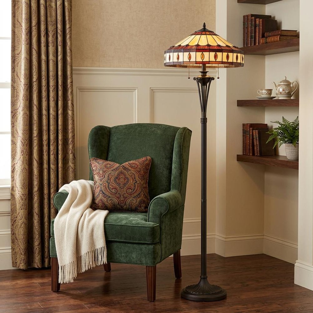 61" Bronze Two Light Traditional Shaped Floor Lamp With Purple and Ivory Abstract Tiffany Glass Empire Shade