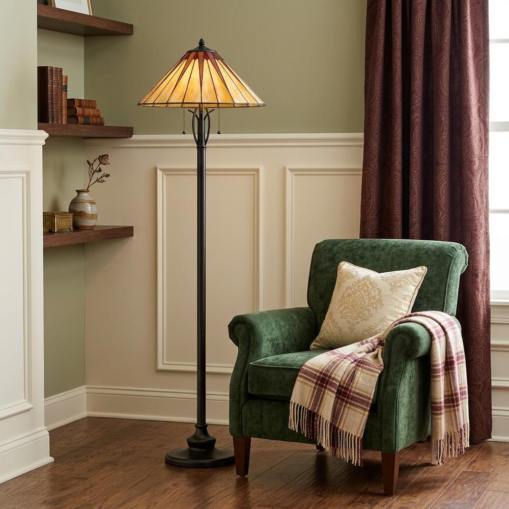 61" Bronze Two Light Traditional Shaped Floor Lamp With Red and Ivory Abstract Tiffany Glass Empire Shade