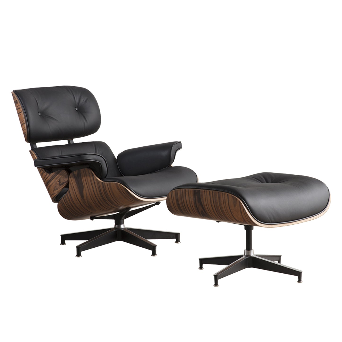 35" Black and Brown Genuine Leather Tufted Swivel Lounge Chair With Ottoman