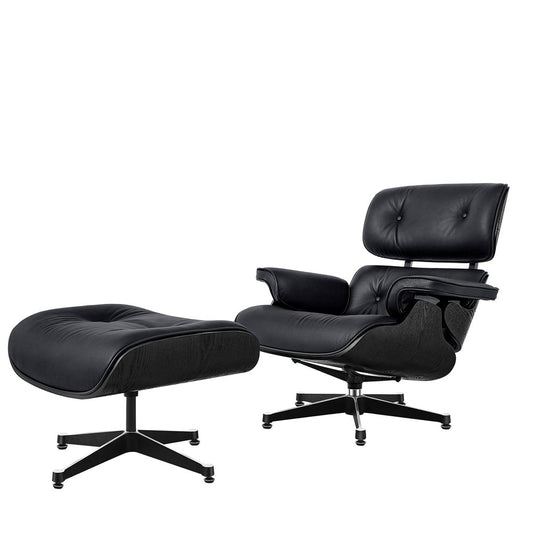 35" Black Genuine Leather Tufted Swivel Lounge Chair With Ottoman