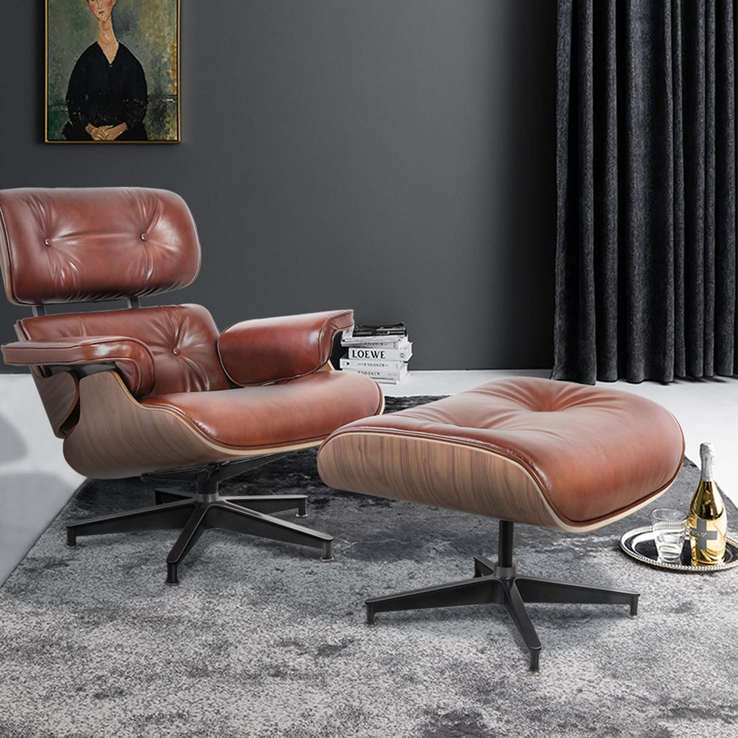 35" Brown Genuine Leather Tufted Swivel Lounge Chair With Ottoman