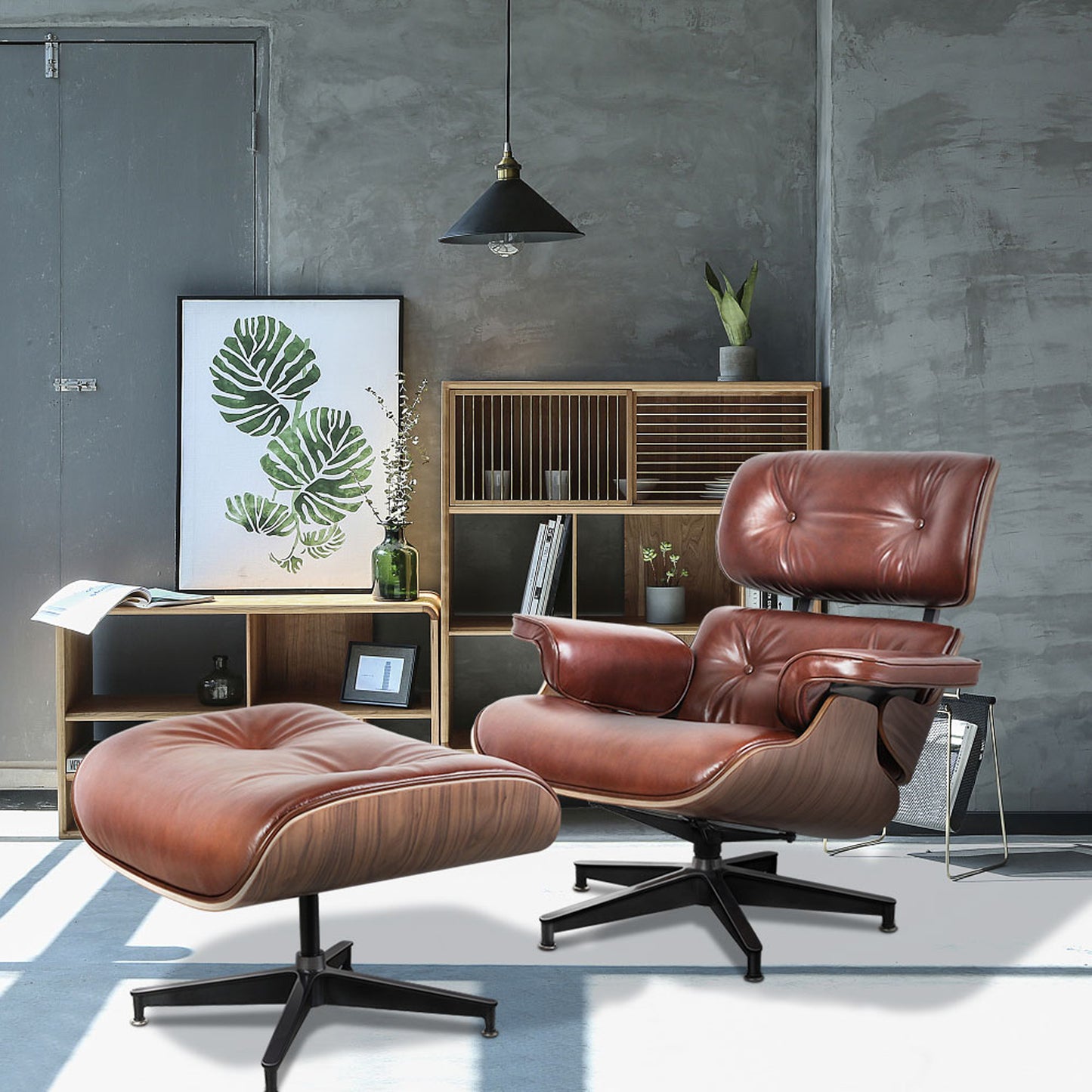 35" Brown Genuine Leather Tufted Swivel Lounge Chair With Ottoman