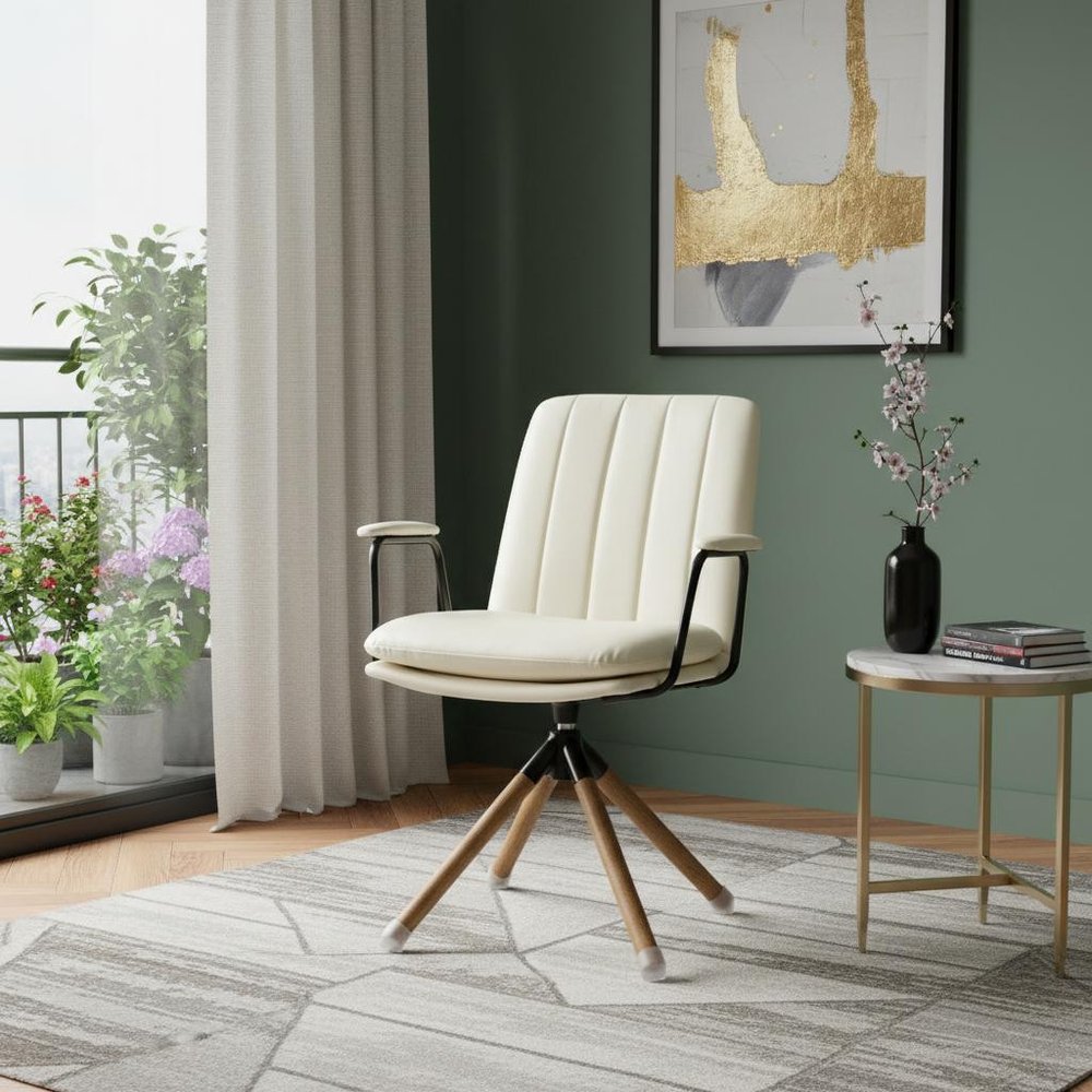 23" Off White Faux Leather And Brown Swivel Arm Chair