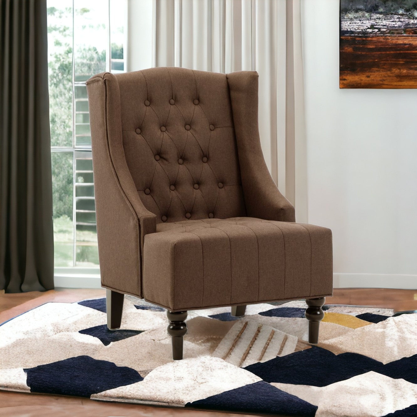 25" Brown and Black Velvet Tufted Wingback Chair