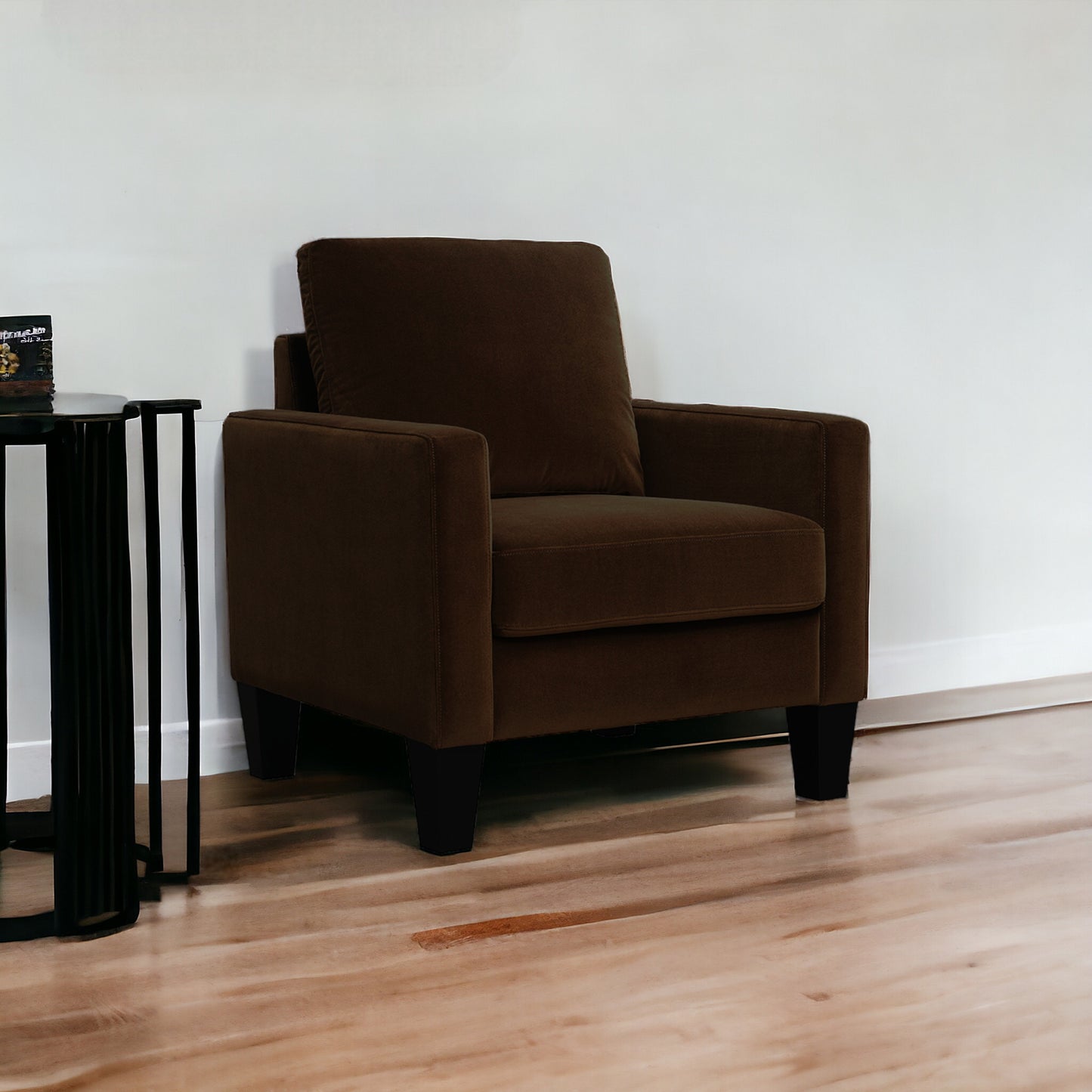 32" Dark Brown and Black Upholstered Arm Chair