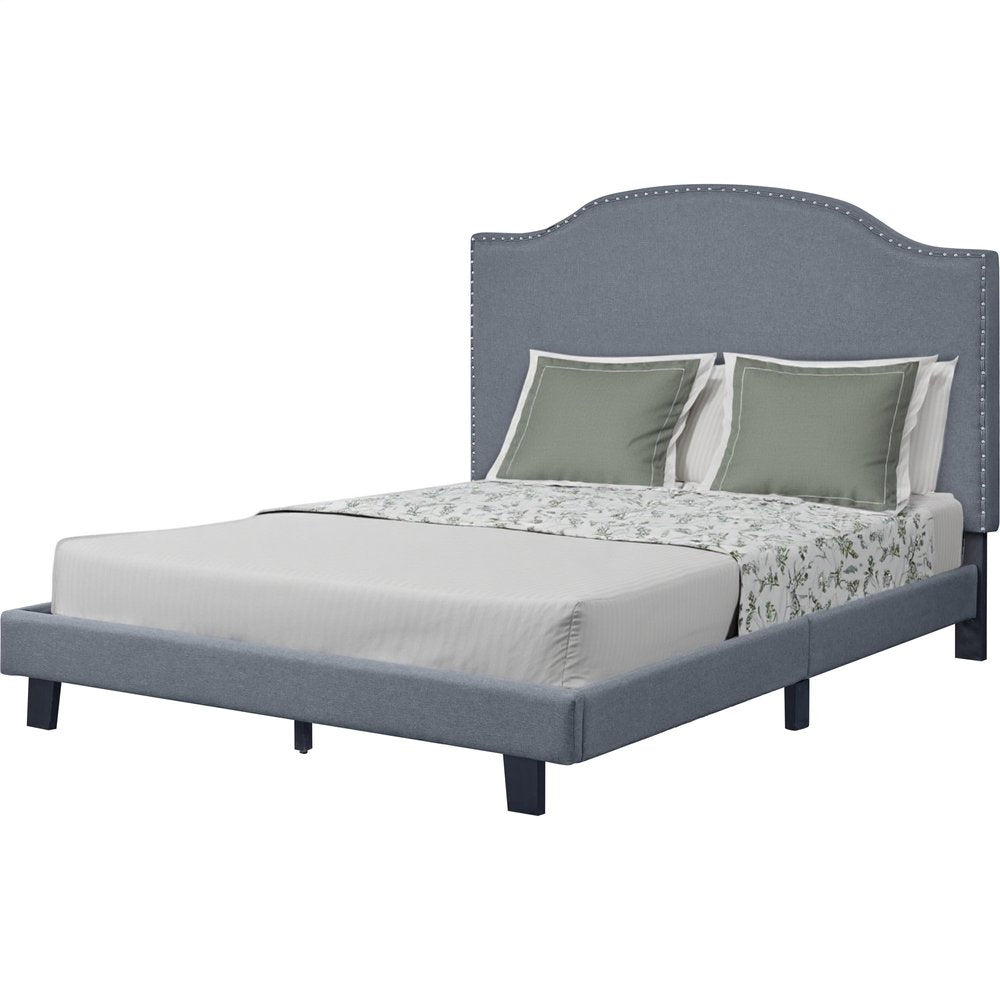 Gray Upholstered King Bed Frame with Nailhead Trim