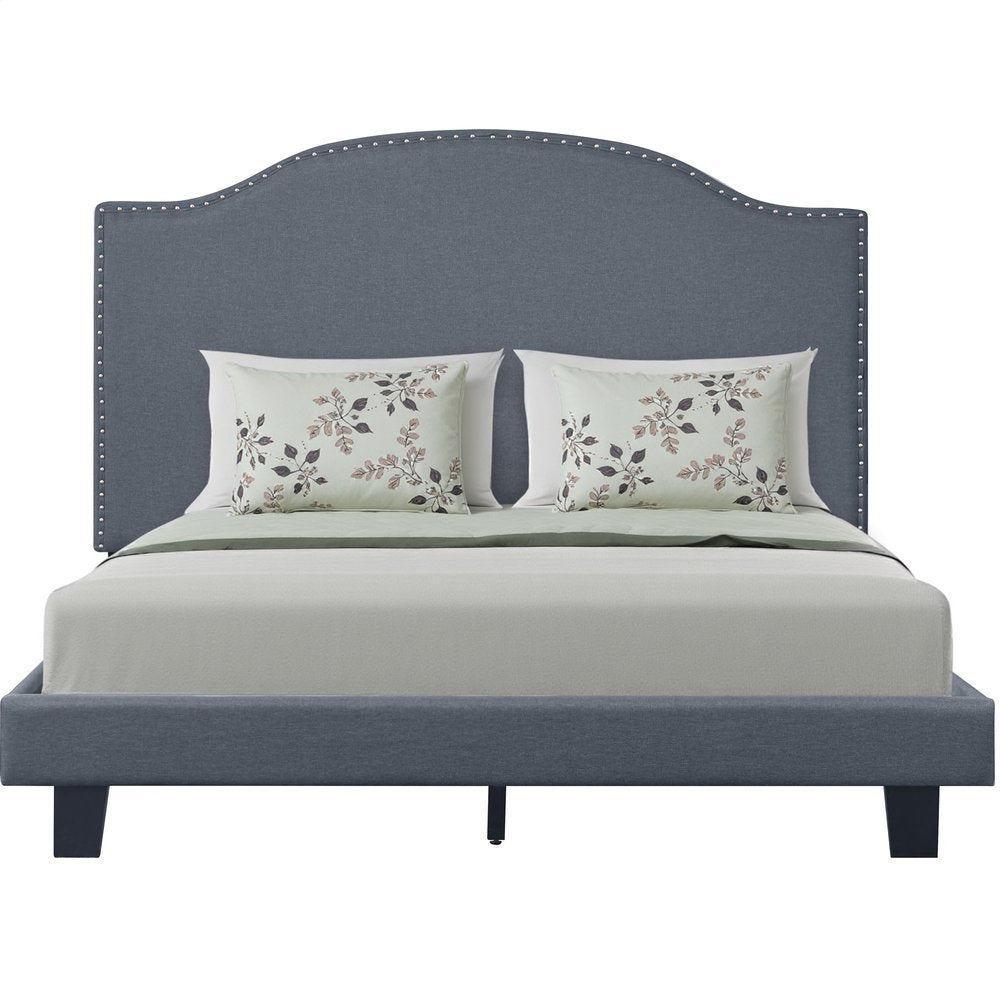 Gray Upholstered King Bed Frame with Nailhead Trim