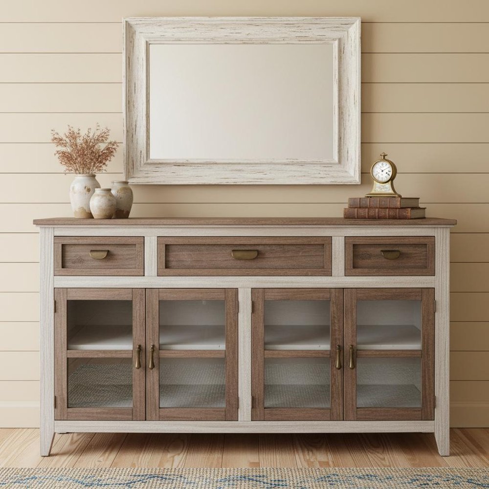 67" Brown Solid and Manufactured Wood Distressed Credenza