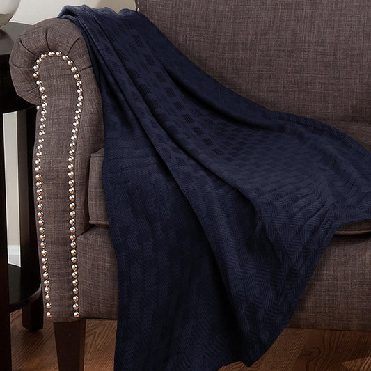 50" X 60" Blue Cotton Geometric Basketweave Throw Blanket