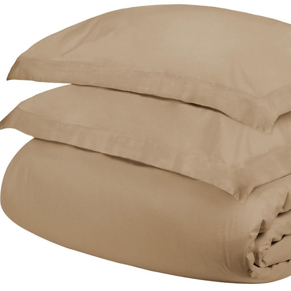 Tan Twin Cotton Blend 300 Thread Count Washable Duvet Cover Set