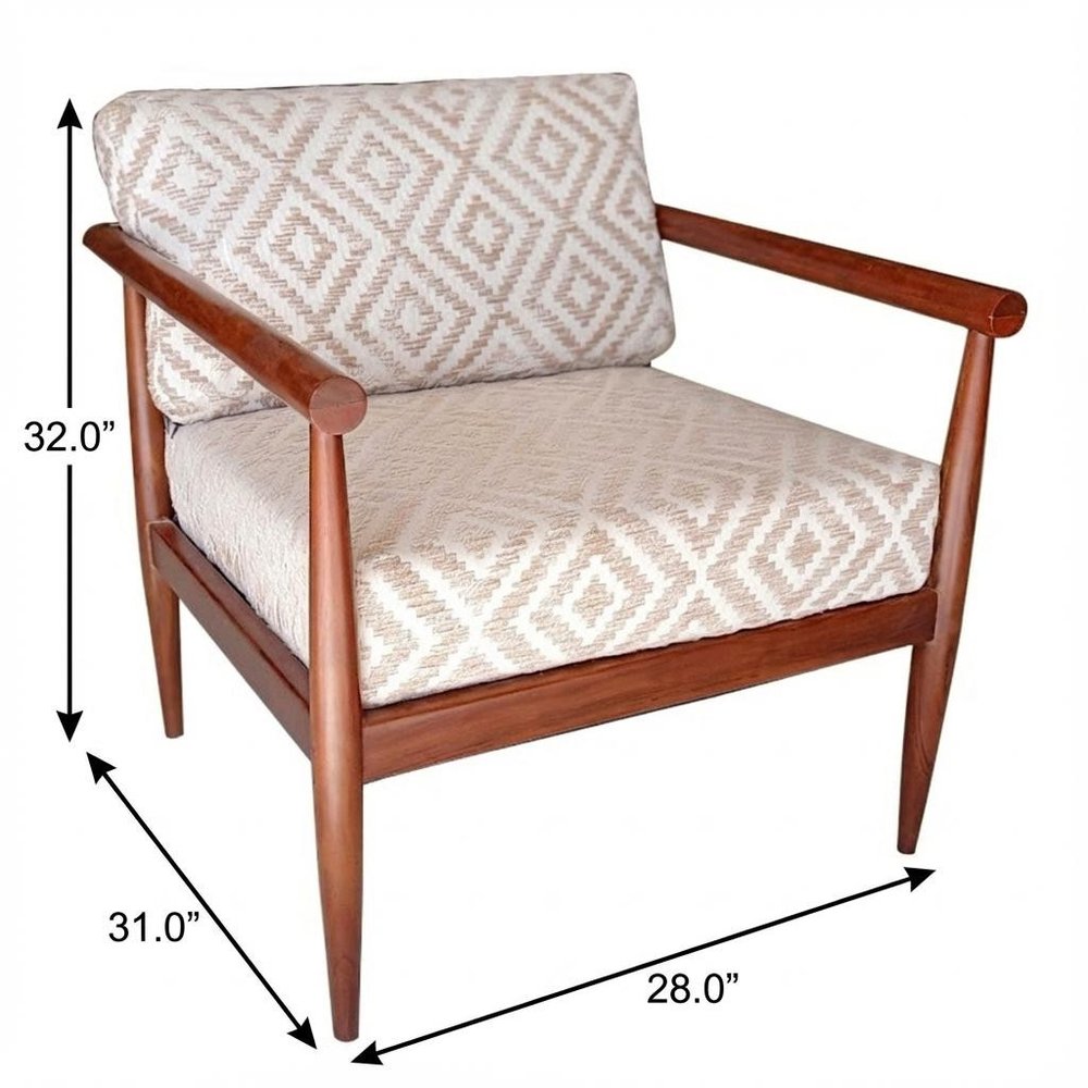 28" Beige and Brown Solid Wood Geometric Arm Chair