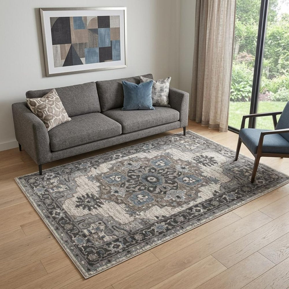 5' X 8' Ivory Taupe and Gray Medallion Power Loom Area Rug