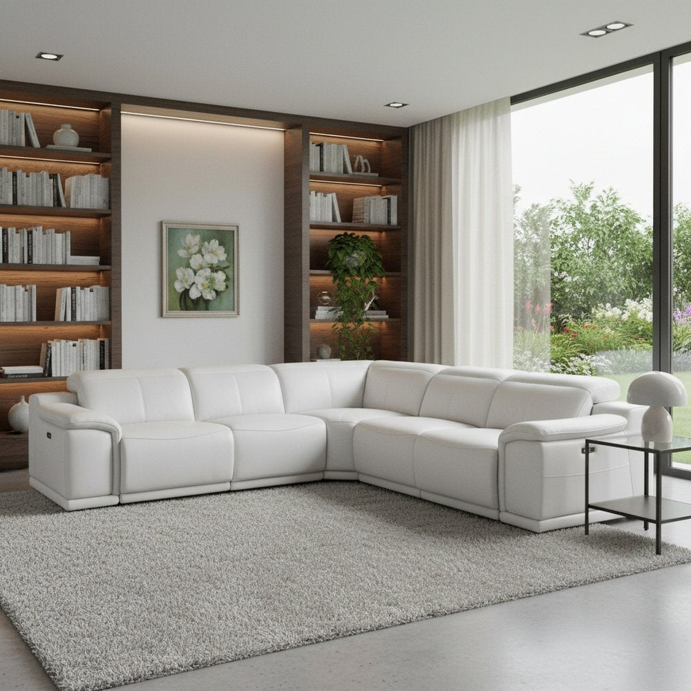 White Italian Leather Power Reclining L Shaped Five Piece Corner Sectional