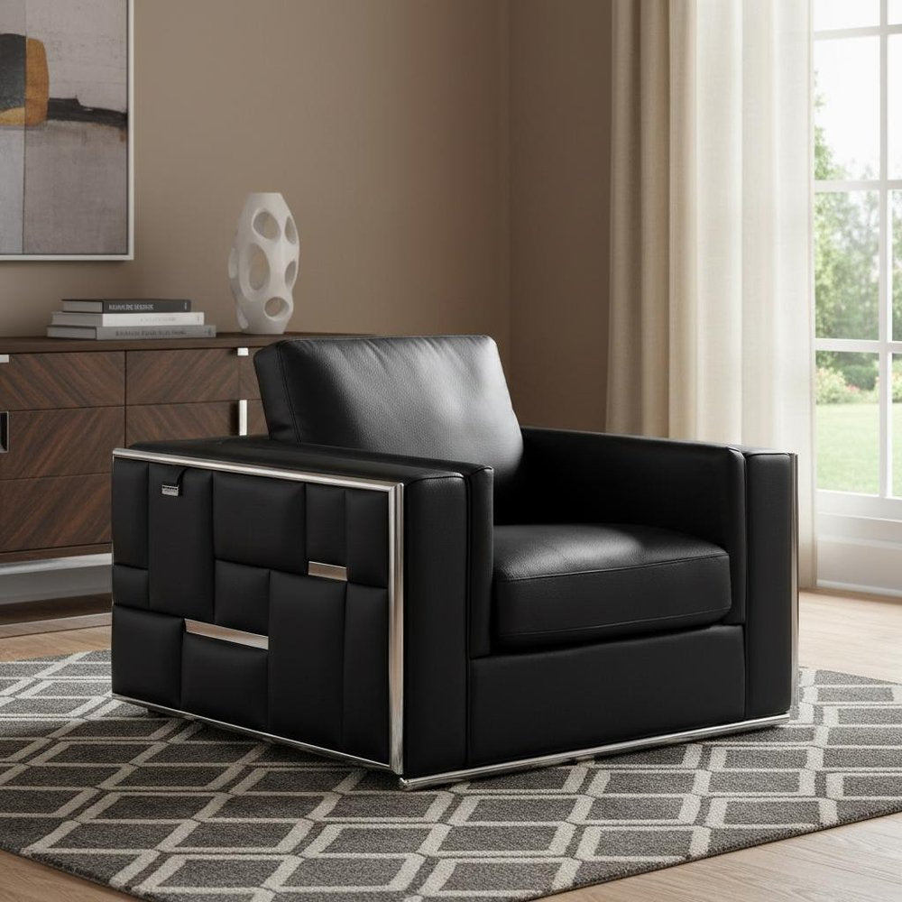 47" Black And Silver Top Grain Leather Club Chair