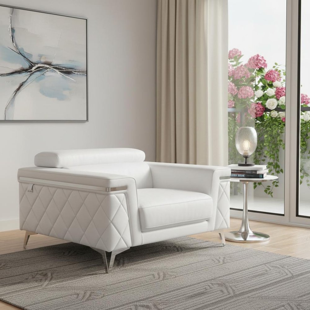 42" White And Silver Top Grain Leather Club Chair