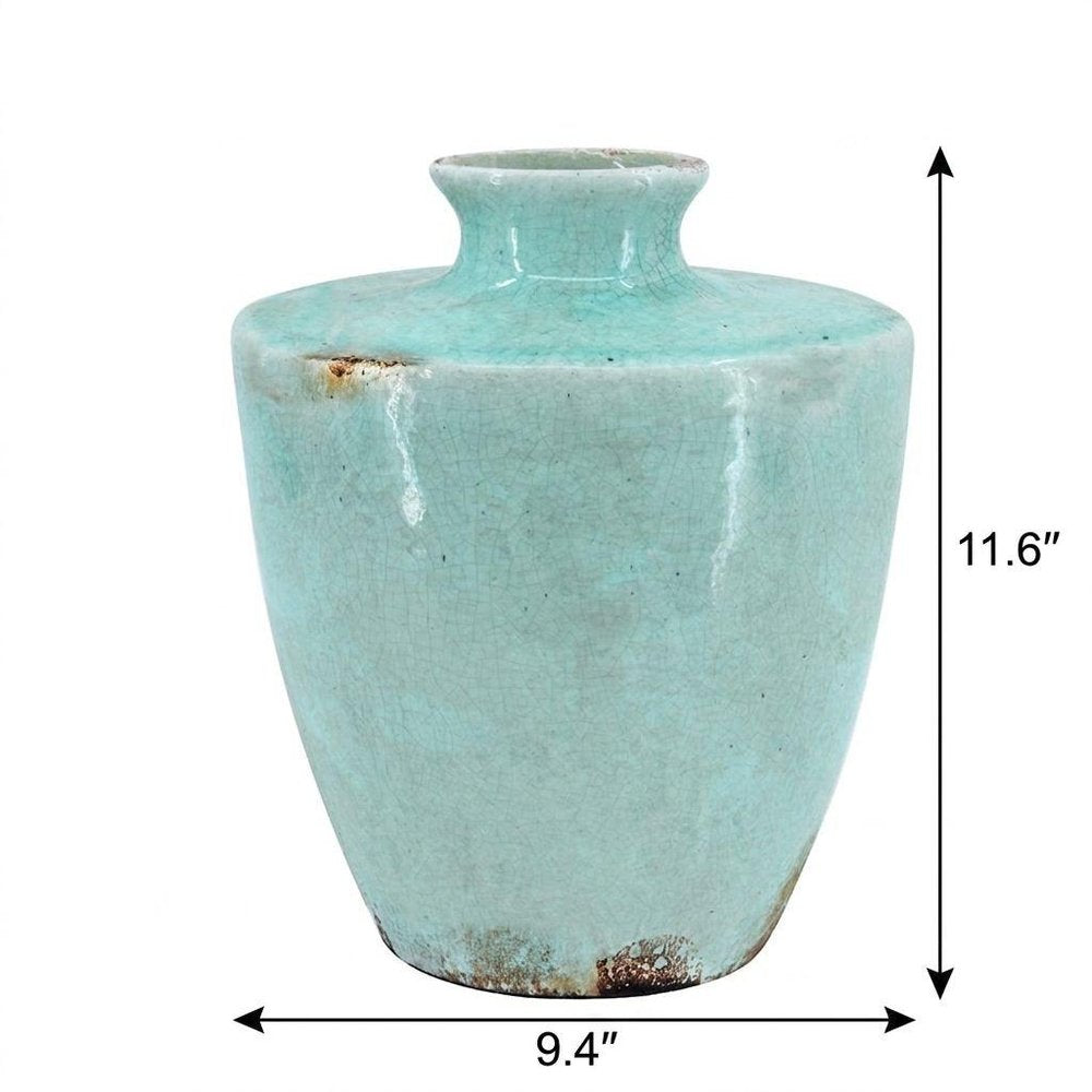 12" Aqua Terracotta Crackle Glaze Round Table Vase