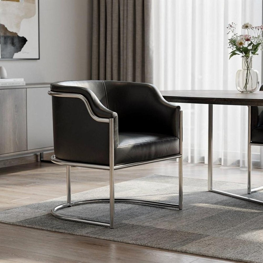 Charcoal and Silver Upholstered Leather Curved Back Dining Arm Chair