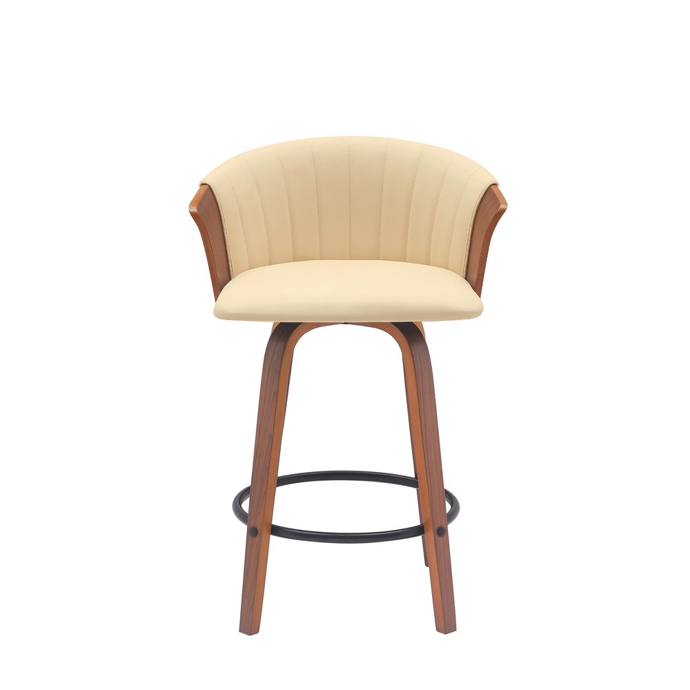 26" Cream and Wood Brown Faux Leather with Solid Wood Swivel Counter Height Bar Chair