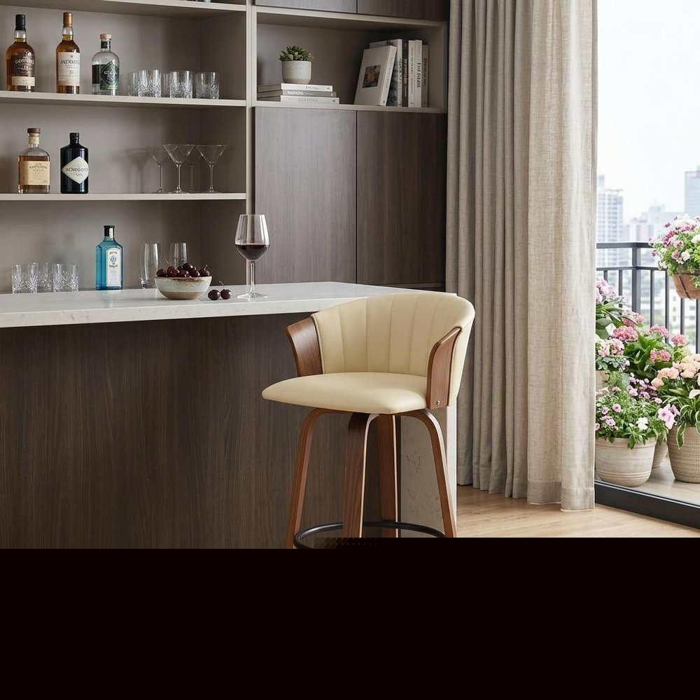 30" Cream And Wood Brown Faux Leather Swivel Bar Height Bar Chair