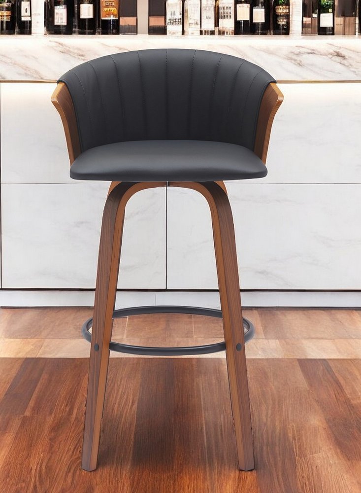 30" Black And Wood Brown Faux Leather Swivel Bar Height Bar Chair