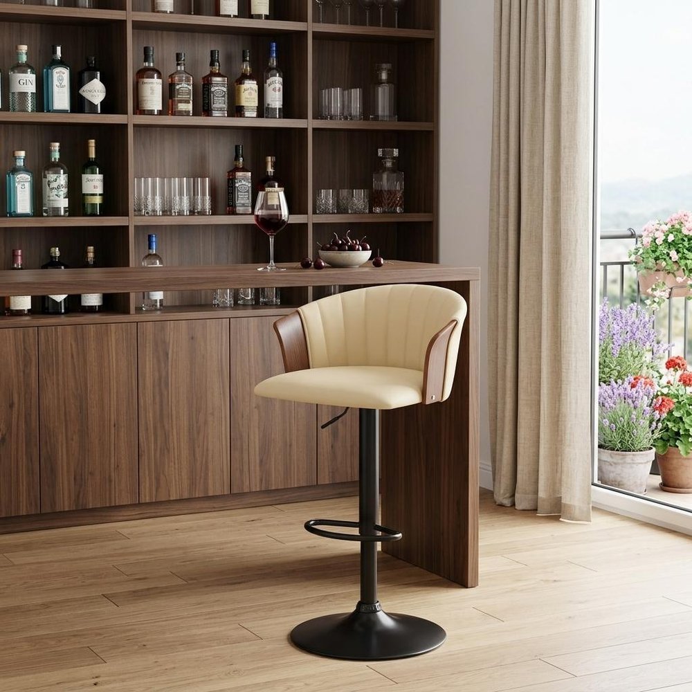 Cream and Black Faux Leather with Metal Swivel Adjustable Height Bar Chair