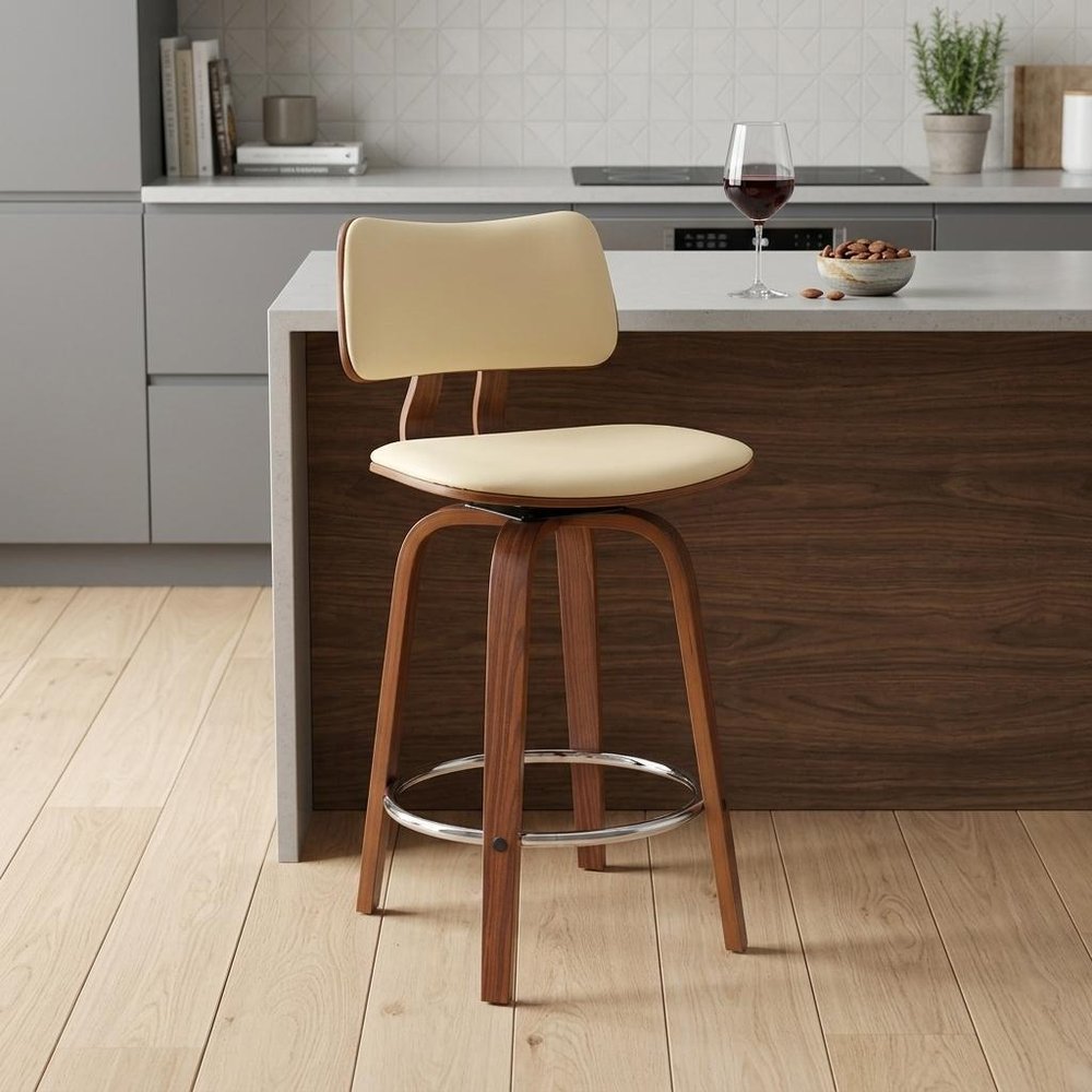 26" Cream And Wood Brown Faux Leather Swivel Low Back Counter Height Bar Chair