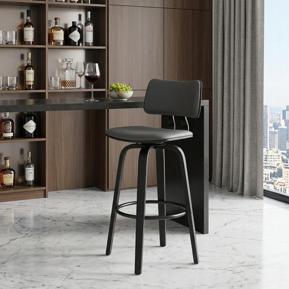 30" Gray And Black Faux Leather Swivel Low Back Bar Height Bar Chair