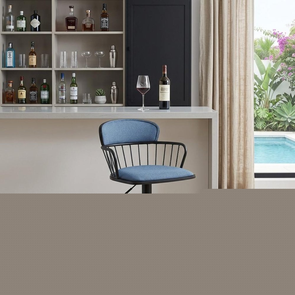 Blue and Black Fabric with Metal Swivel Low Back Adjustable Height Bar Chair