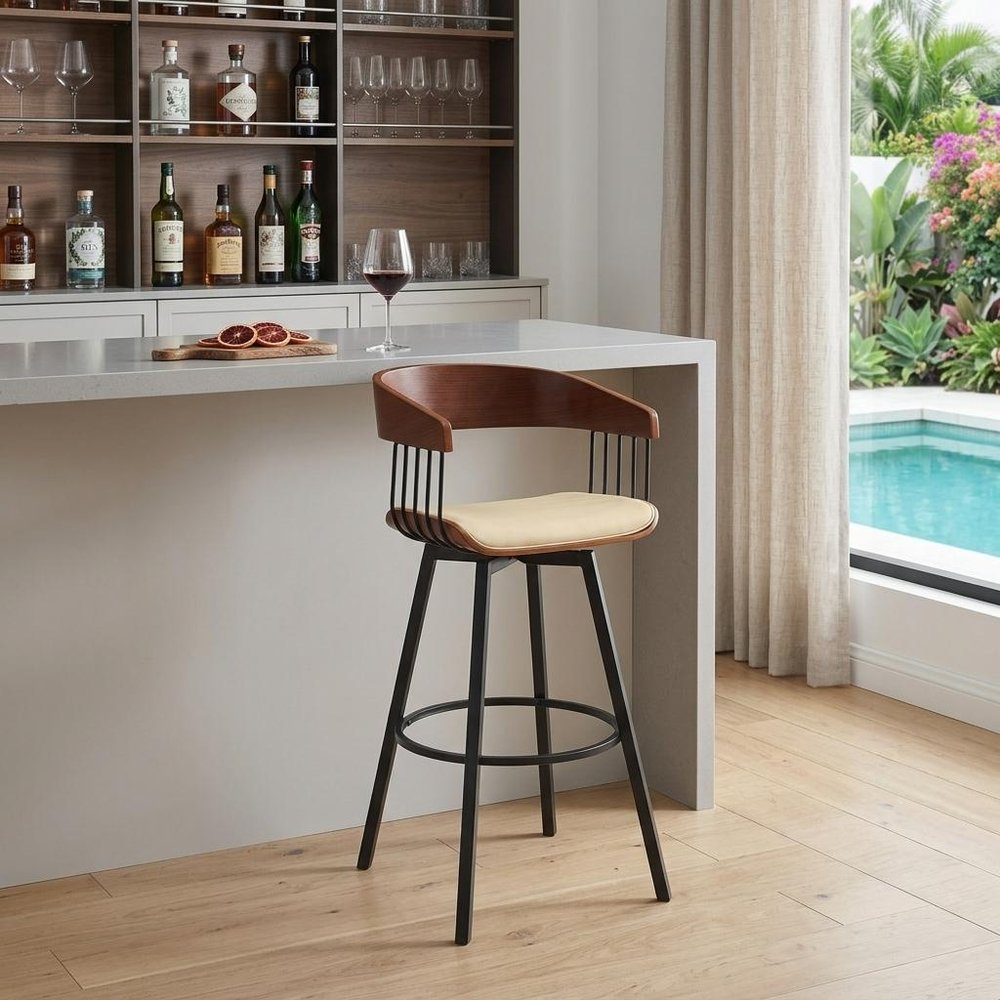31" Cream and Black Faux Leather with Metal Swivel Bar Height Bar Chair