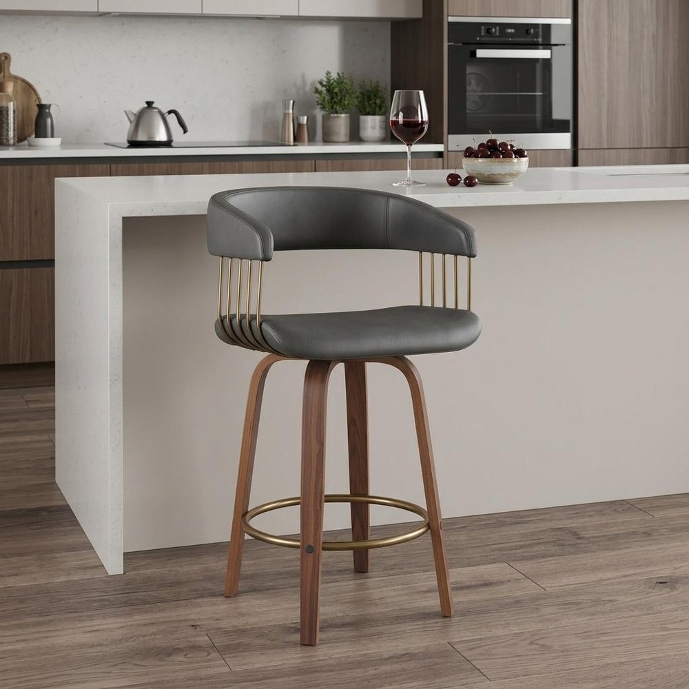 26" Gray And Wood Brown Faux Leather Swivel Counter Height Bar Chair