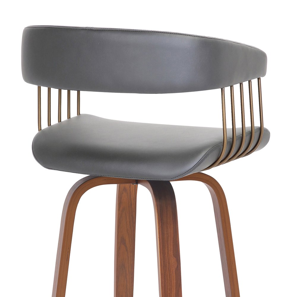 31" Gray And Wood Brown Faux Leather Swivel Bar Height Bar Chair