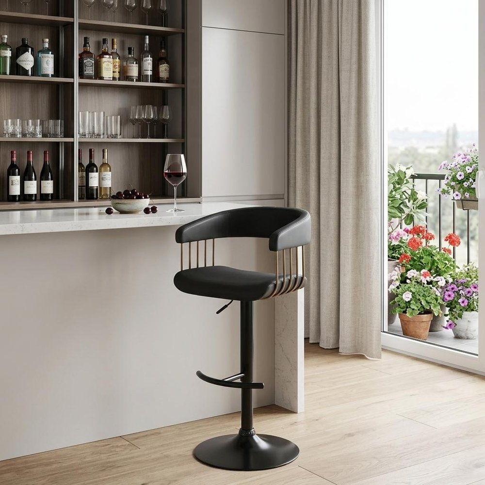 Black Faux Leather And Metal Swivel Adjustable Height Bar Chair