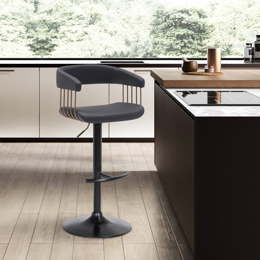 Black Faux Leather And Metal Swivel Adjustable Height Bar Chair