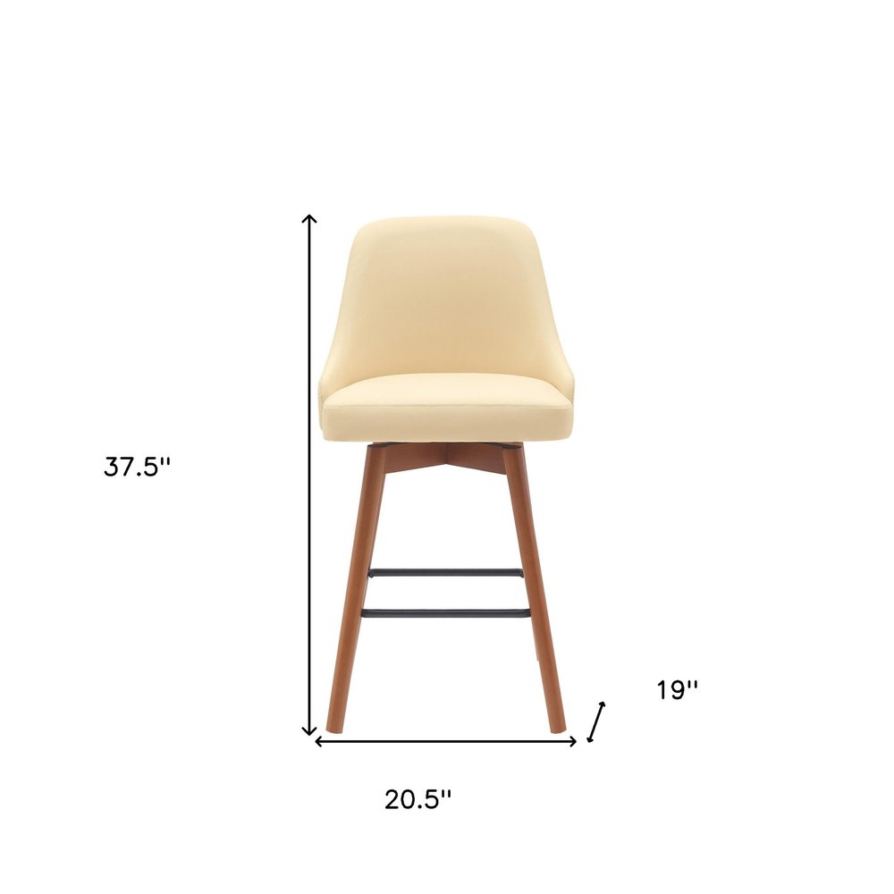 26" Cream and Wood Brown Faux Leather with Solid Wood Swivel Counter Height Bar Chair