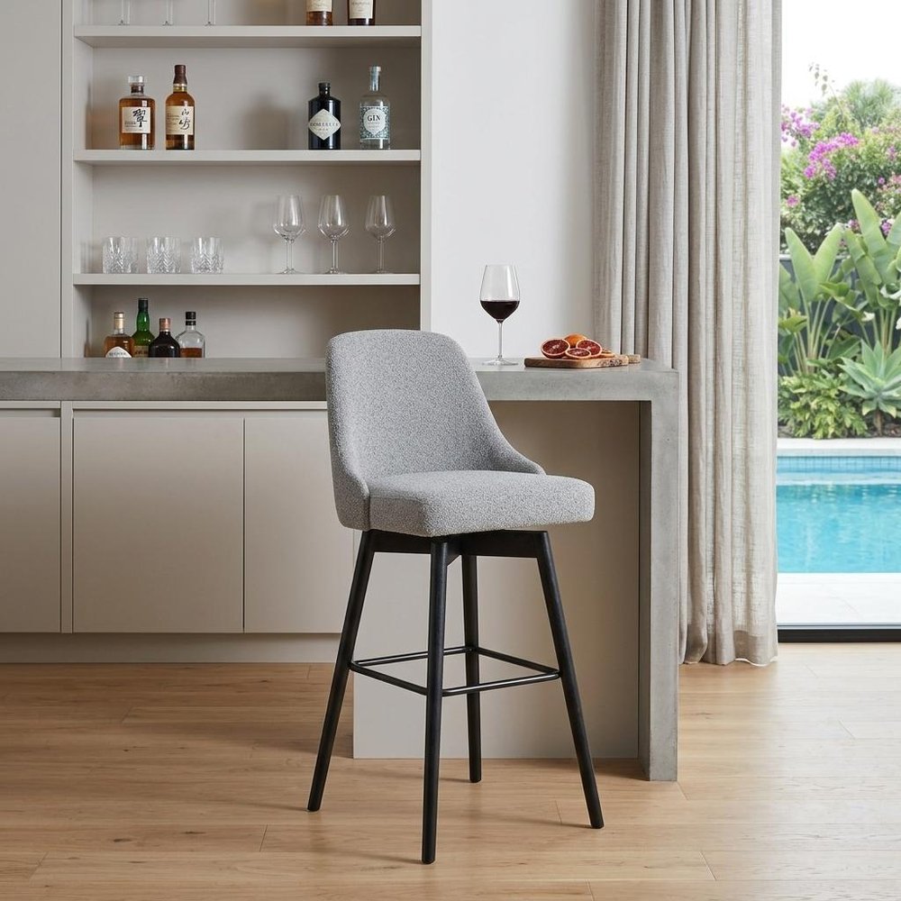 30" Light Gray and Black Fabric with Solid Wood Swivel Bar Height Bar Chair