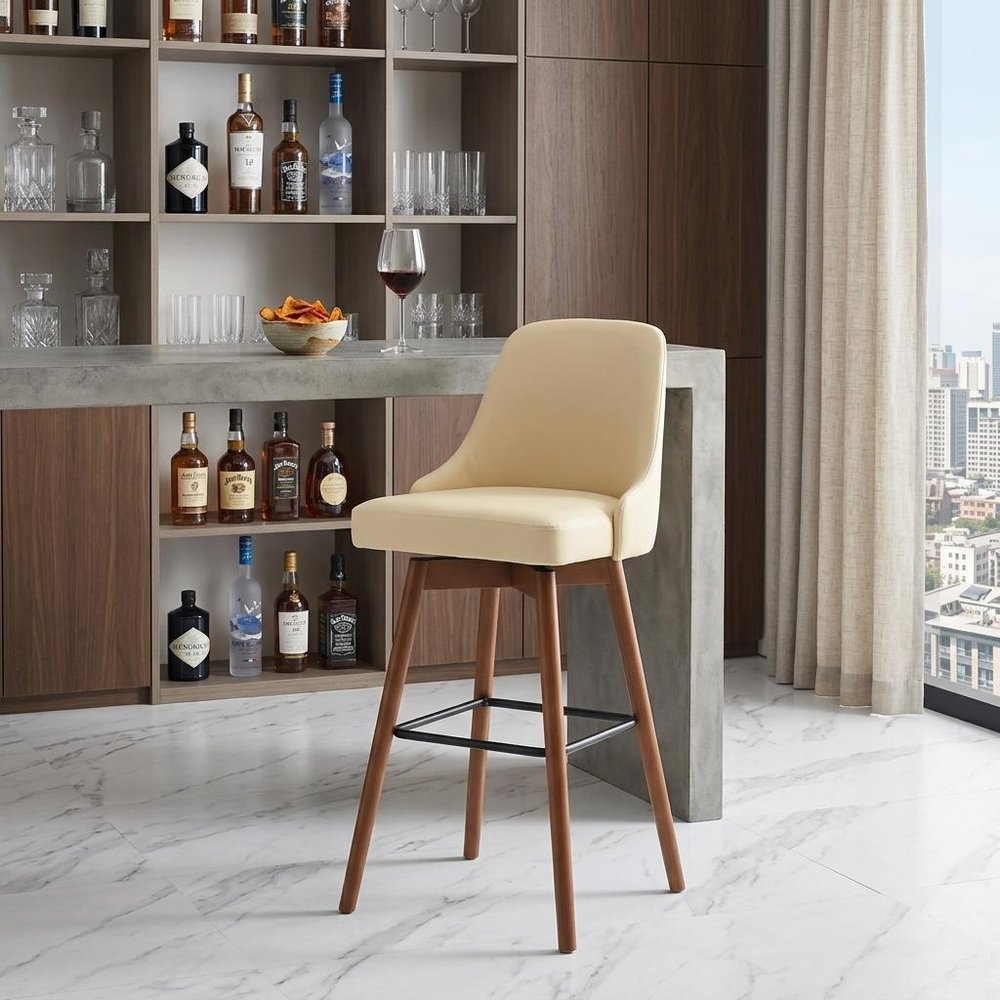30" Cream and Wood Brown Faux Leather with Solid Wood Swivel Bar Height Bar Chair