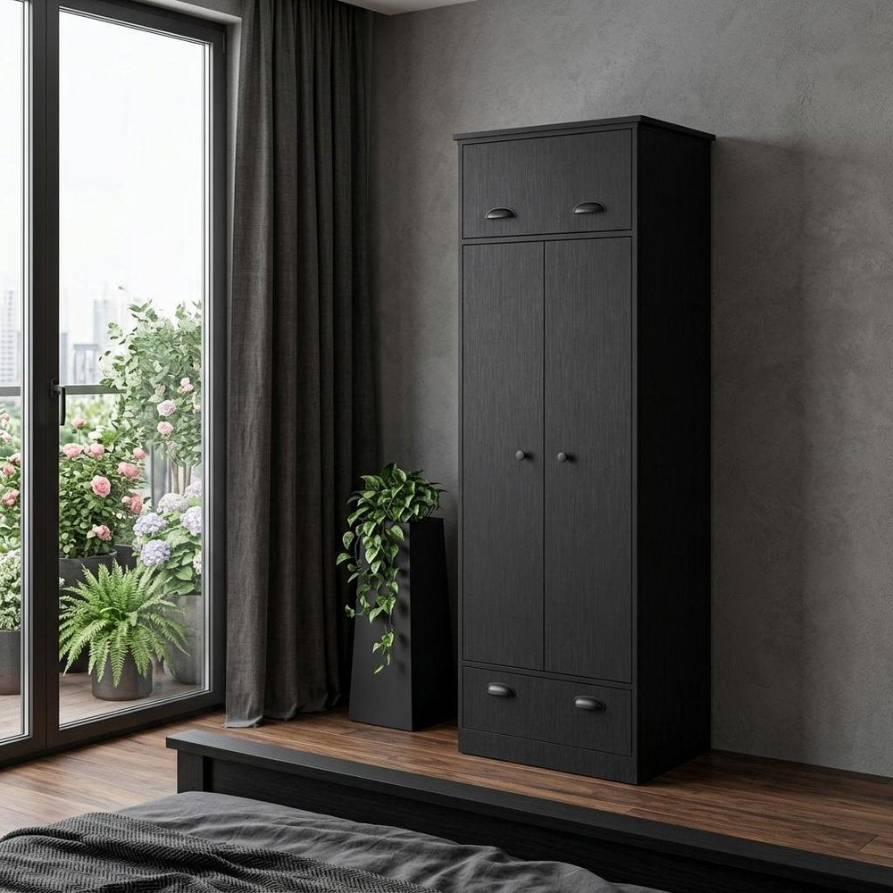 70" Black Wood Three Door Single Drawer Combo Dresser