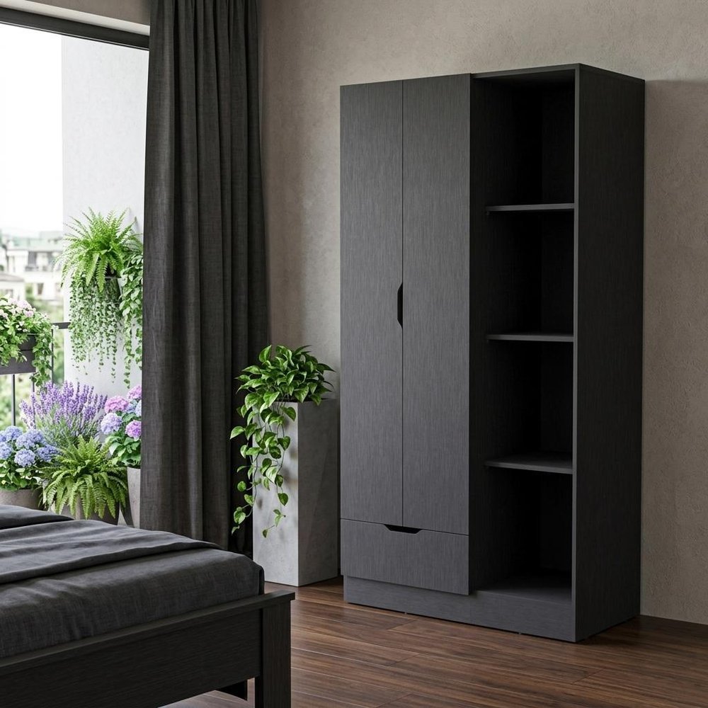 71" Black Wood Two Door Single Drawer Combo Dresser